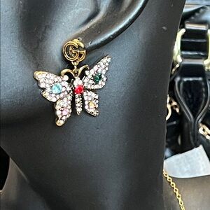 Gold Butterfly Earrings with Colorful Gems